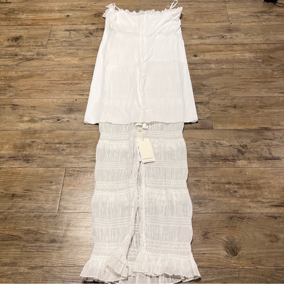 Commense Layered Ruffle Eyelet Long Dress Ruched Smocked Detail Slit Back - Picture 11 of 16
